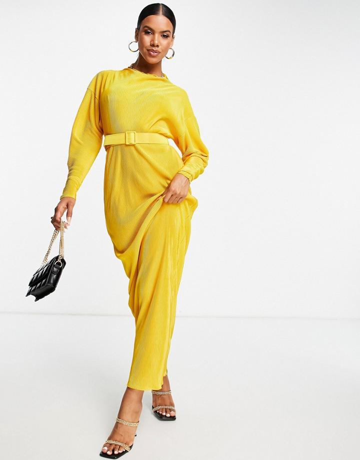Asos Design Lettuce Hem High Neck Belted Plisse Maxi Dress In Gold
