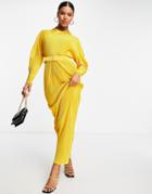 Asos Design Lettuce Hem High Neck Belted Plisse Maxi Dress In Gold