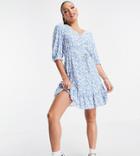 New Look Tall Floral V Neck Button Mini Dress In Blue Pattern-blues
