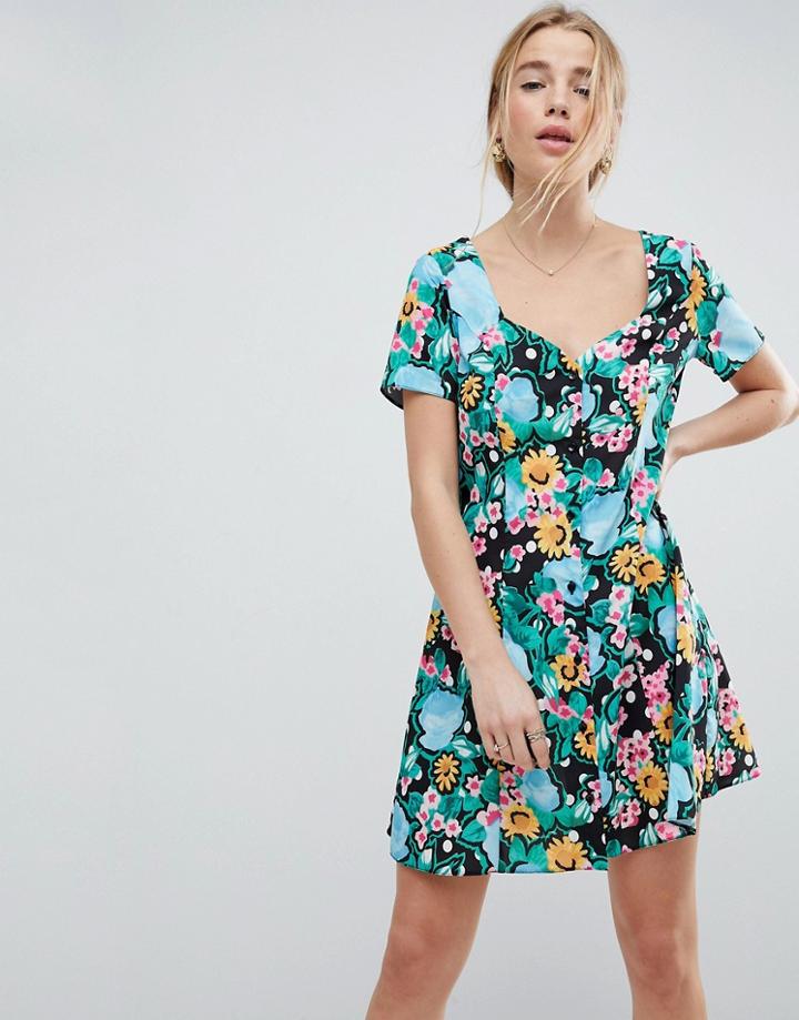 Asos Button Through Tea Dress In Spot And Floral Print - Multi