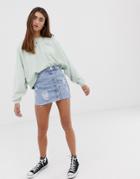 Pull & Bear Mini Skirt With Button Detail In Light Blue - Blue