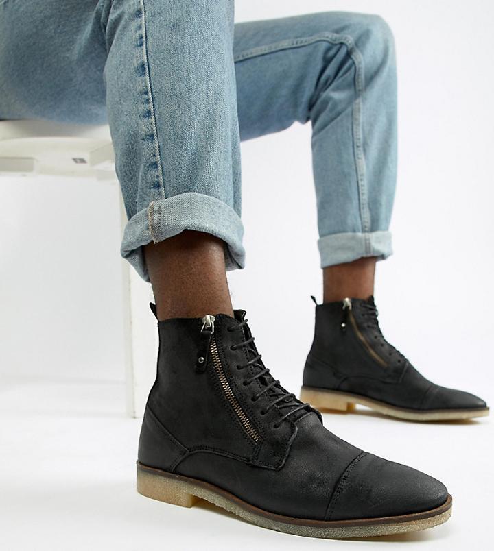 Asos Design Wide Fit Lace Up Boots In Black Suede With Zip Detail And Natural Sole - Black