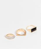 Asos Design 3 Pack Mixed Band Ring Set With Chain And Black Stone In Gold Tone