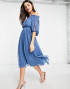 Asos Design Off Shoulder Mini Dress With Blouson Sleeve In Self Stripe-multi