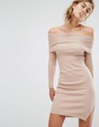 Parallel Lines Off Shoulder Jumper Dress - Beige