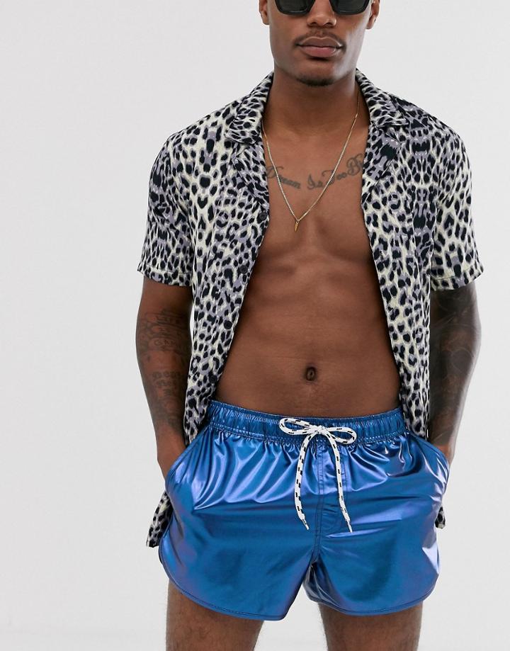 Asos Design Runner Swim Short In Metallic Blue