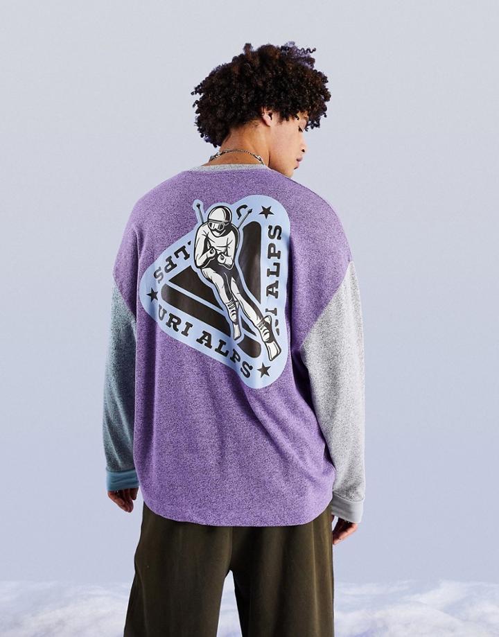 Asos Design Oversized Long Sleeve T-shirt In Purple Color Block With Back Print