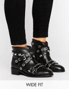 Asos August Wide Fit Leather Hardware Ankle Boots - Black