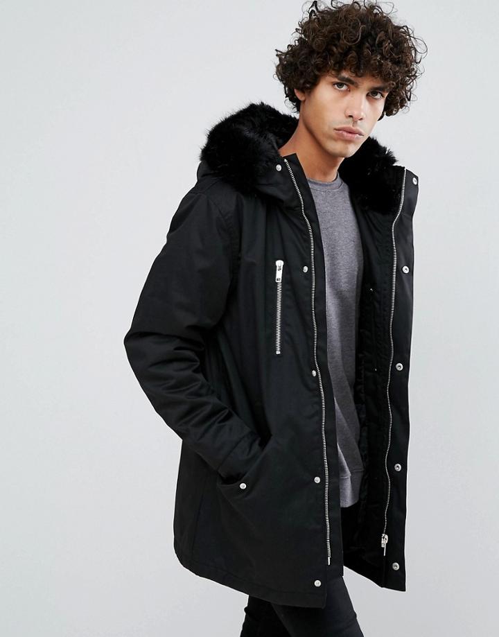 Clean Cut Copenhagen Premium Removable Faux Fur Hood Parka Jacket - Black