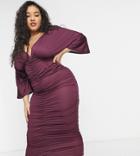 Asos Design Curve Kimono Sleeve Ruched Midi Dress In Plum-purple