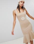 Asos Pencil Dress With Contrast Buckle - Beige