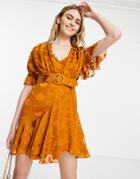 Asos Design Mini Dress With Rouleaux Details And Belt In Rust Warped Dot-orange