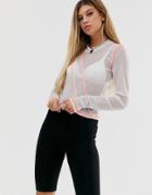 Asos Design Top In Mesh With Long Sleeve And Contrast Seams-white