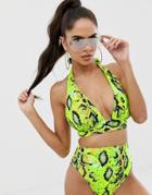 Asos Design Fuller Bust Mix And Match Halter Plunge Bikini Top In Neon Snake Dd-g - Green