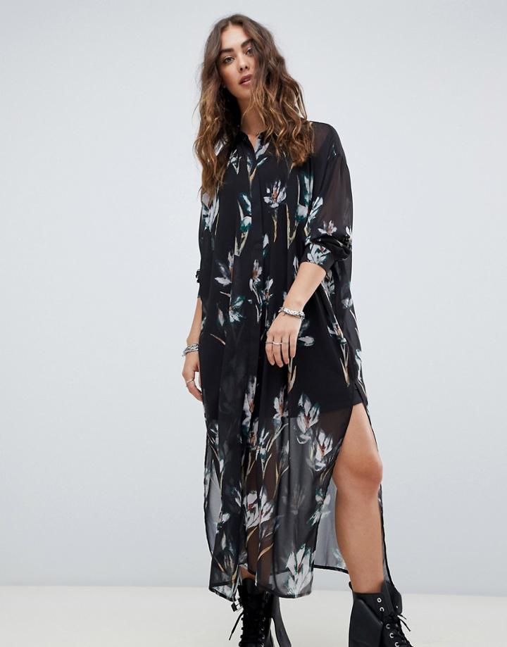 Religion Midi Shirt Dress In Grunge Floral - Black