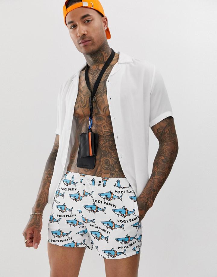 Asos Design Swim Shorts In Shark Pool Party Print In White Short Length