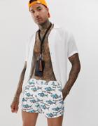 Asos Design Swim Shorts In Shark Pool Party Print In White Short Length