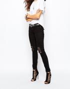 Noisy May Eve Rip & Repair Lace Insert Skinny Jeans - Black