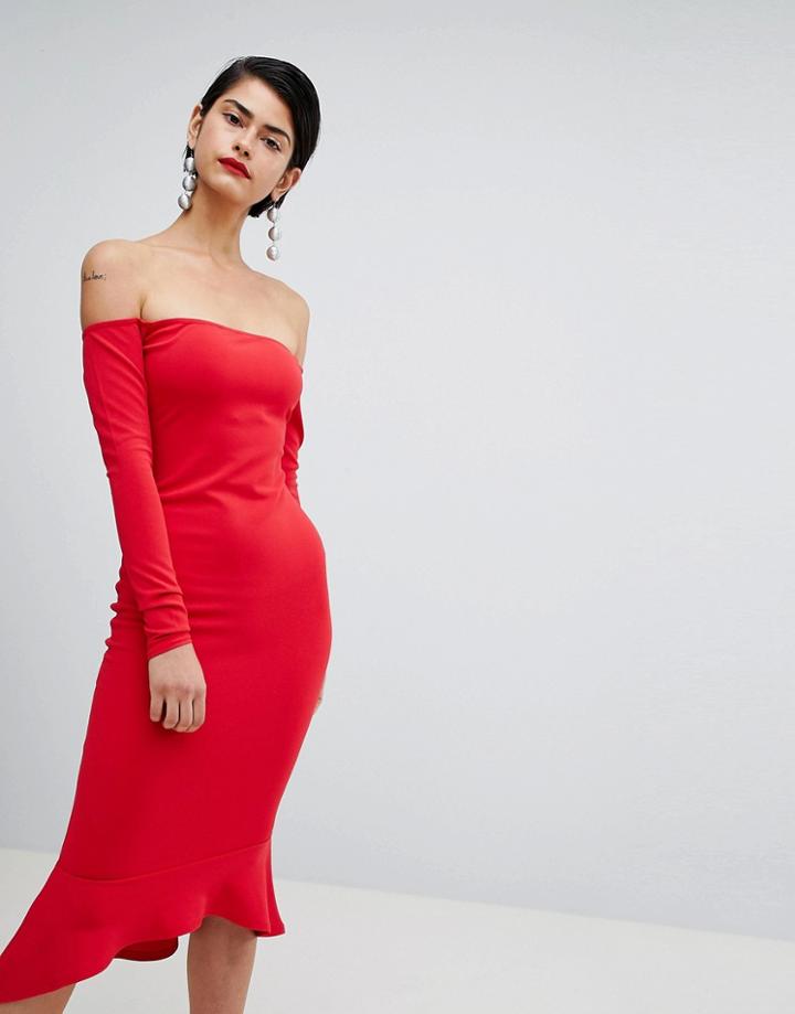 Missguided Bardot Fishtail Hem Dress - Red