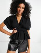 Asos Design Textured Plunge Front Top With Elastic Waist Detail In Black