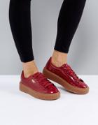 Puma Patent Basket Platform Sneakers With Gum Sole In Burgundy - Red