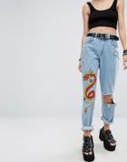 The Ragged Priest Painted Dragon Ripped Jeans - Blue