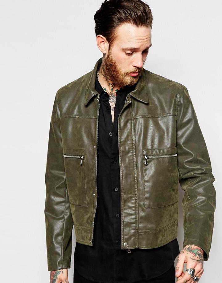 Asos Faux Leather Jacket With Chest Pockets In Khaki - Khaki