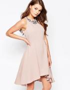 Little Mistress Structured Skater Dress With Embellished Neck - Mink