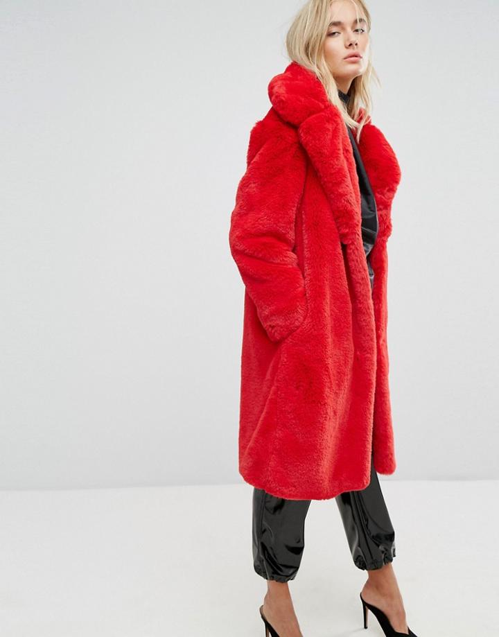 Mango Faux Fur Coat - Red