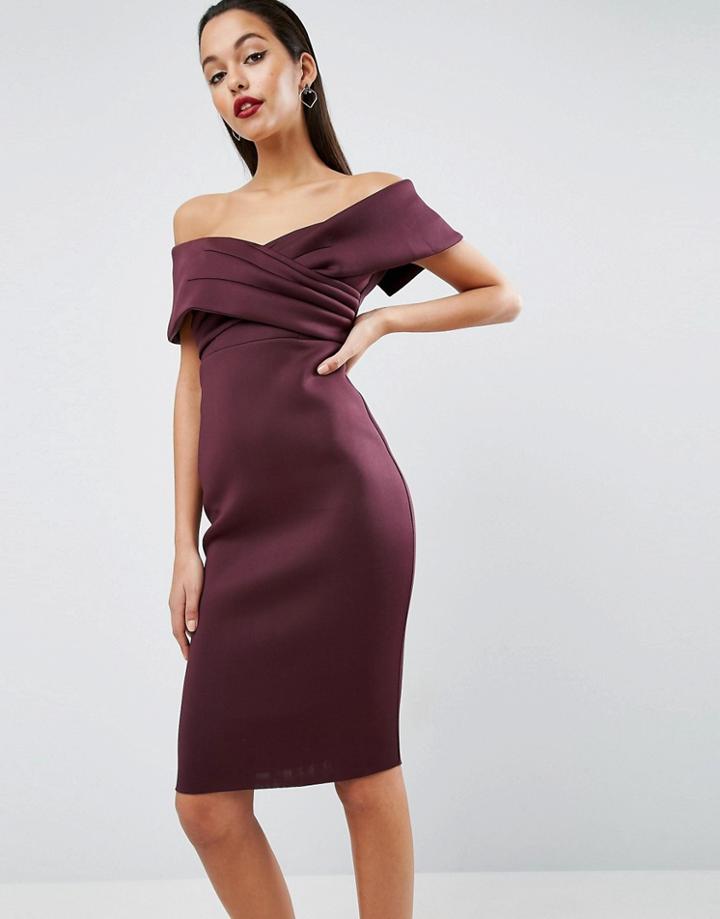 Asos Premium Scuba Off The Shoulder Deep Fold Bardot Pencil Dress - Pu