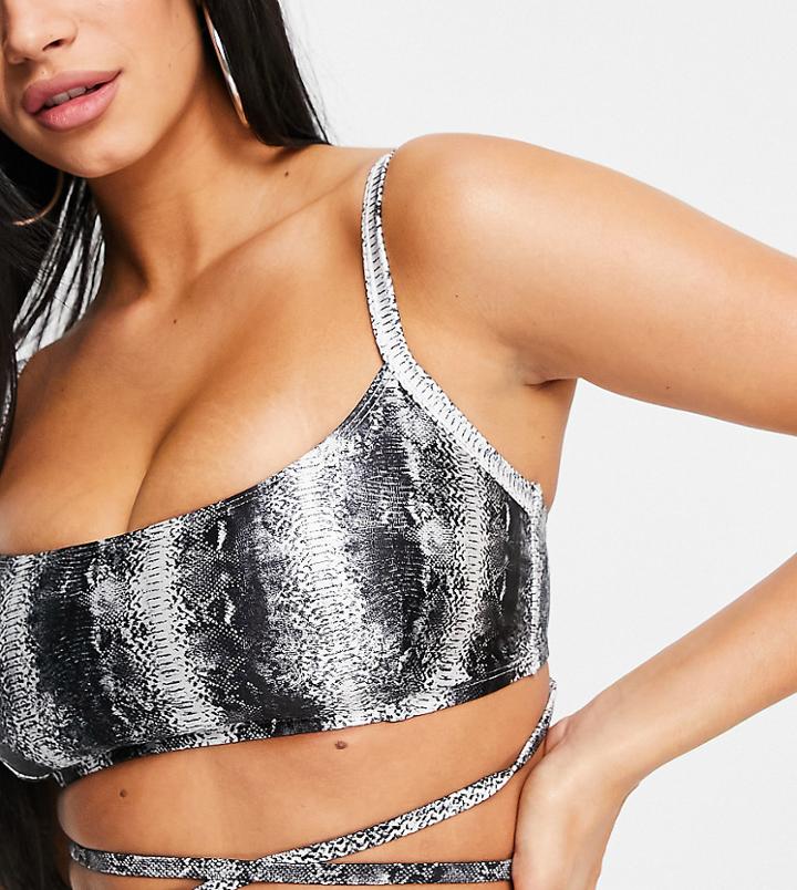 Wolf & Whistle Exclusive Fuller Bust Crop Wrap Bikini Top In High Shine Snake-multi