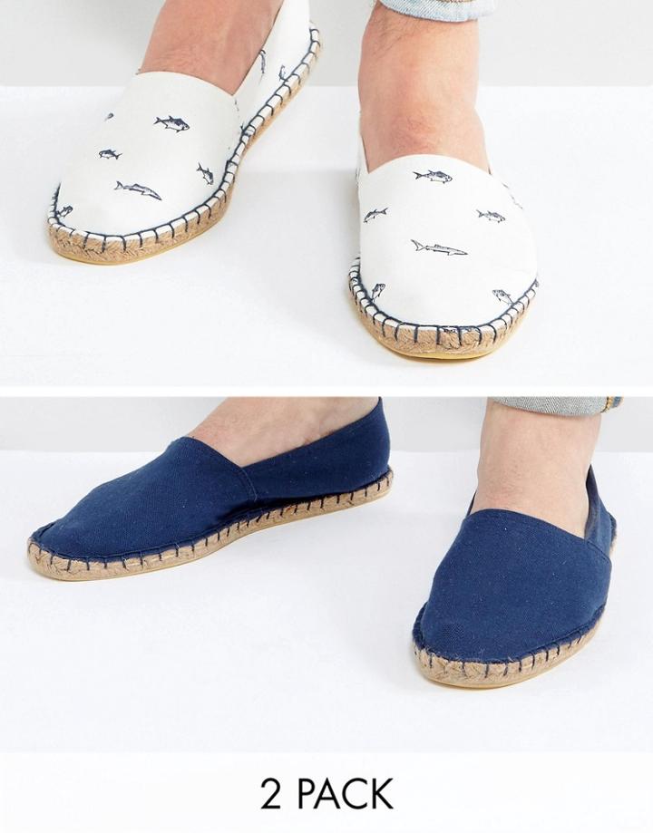 Asos Espadrilles In Navy And White Fish Print 2 Pack Save - Multi