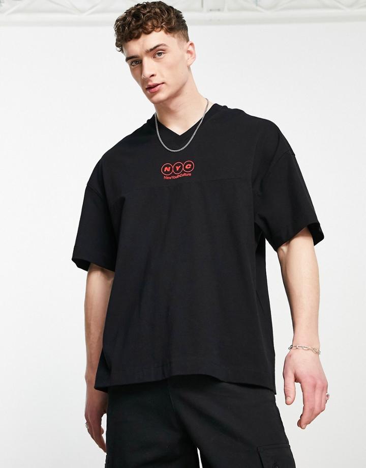 Topman Extreme Oversized Vee Neck T-shirt With Nyc Print In Black