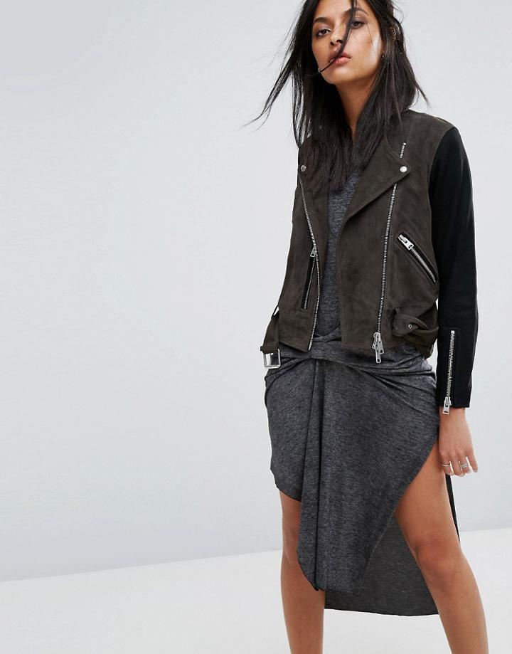 Allsaints Jensen Biker Jacket In Coloublock Leather - Green