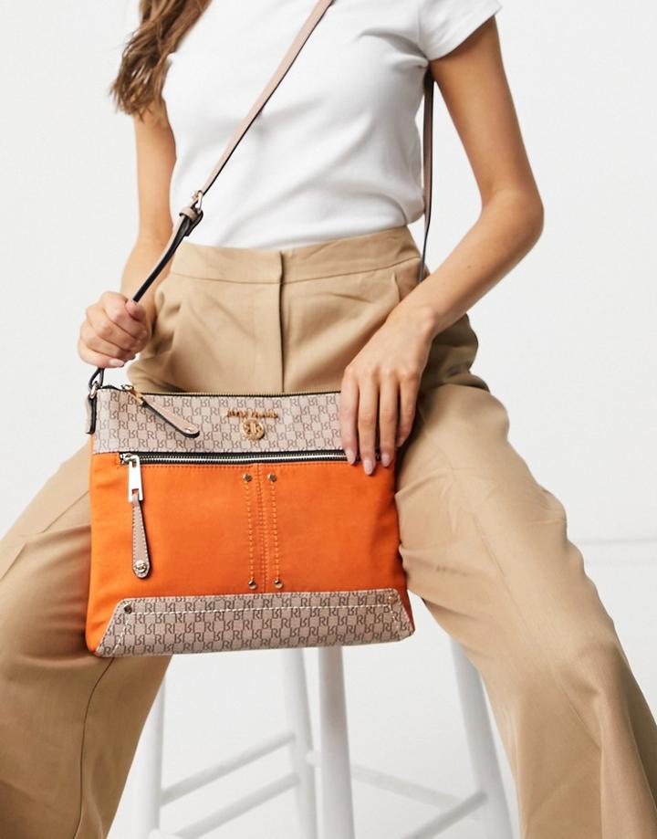 River Island Faux Suede And Monogram Messenger Bag In Orange