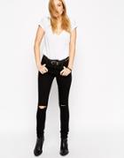 Asos Ridley Skinny Jeans In Clean Black With Displaced Ripped Knees - Bk1
