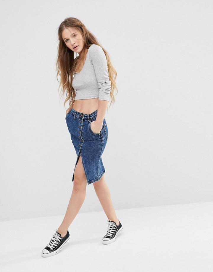 Good Vibes Bad Daze Button Up Split Front Denim Skirt - Blue