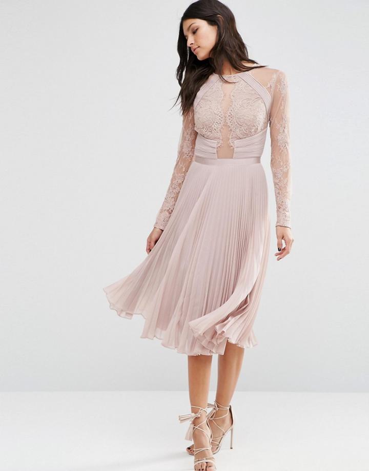 Asos Wedding Pretty Lace Eyelash Pleated Midi Dress - Beige