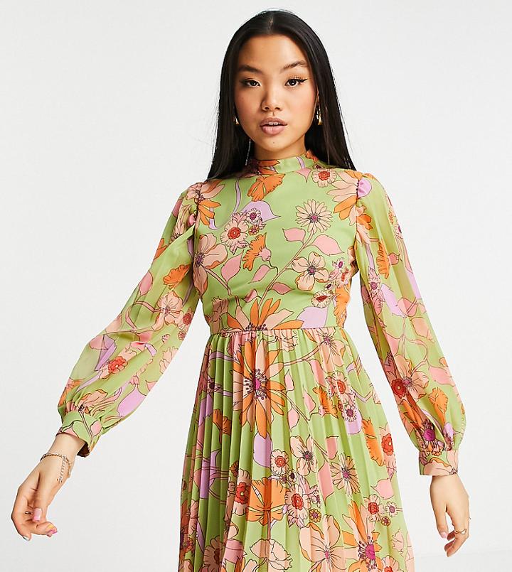 Asos Design Petite High Neck Pleated Long Sleeve Skater Mini Dress In 70s Floral Print-multi