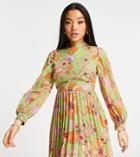 Asos Design Petite High Neck Pleated Long Sleeve Skater Mini Dress In 70s Floral Print-multi