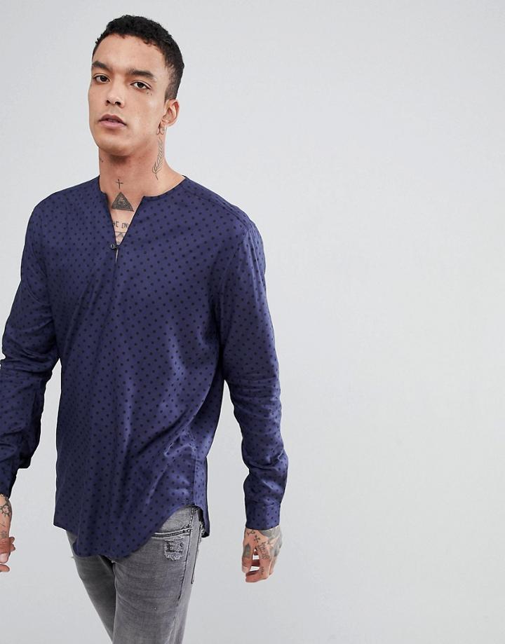 Asos Design Regular Fit V Neck Viscose Shirt With Polka Dots - Navy