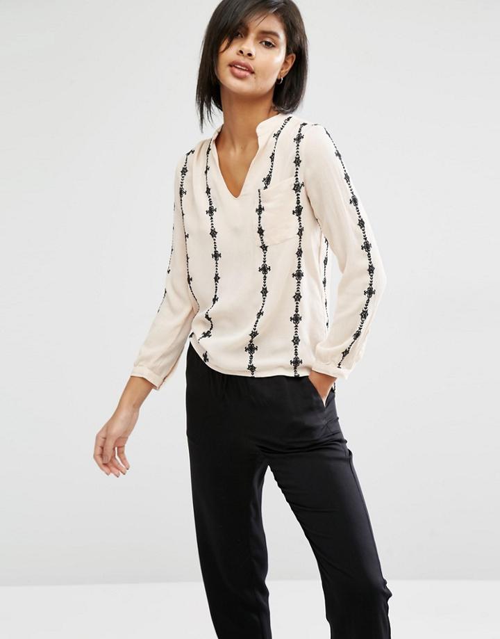Vero Moda Long Sleeve Embroidered Blouse - Cream Tan