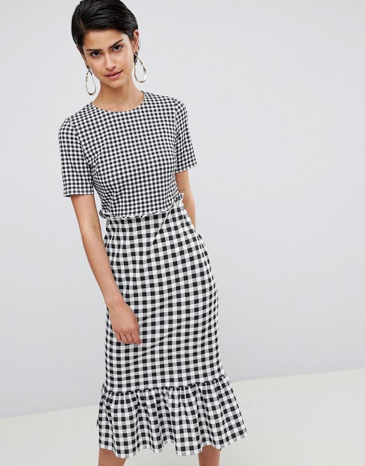 Asos Design Midi Dress With Pep Hem In Contrast Check - Multi