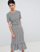 Asos Design Midi Dress With Pep Hem In Contrast Check - Multi