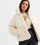 Asos Design Petite Fleece Puffer Jacket In Cream-green