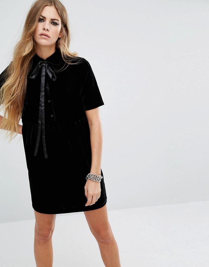 Motel Tie Neck Belia Tea Dress In Velvet - Black