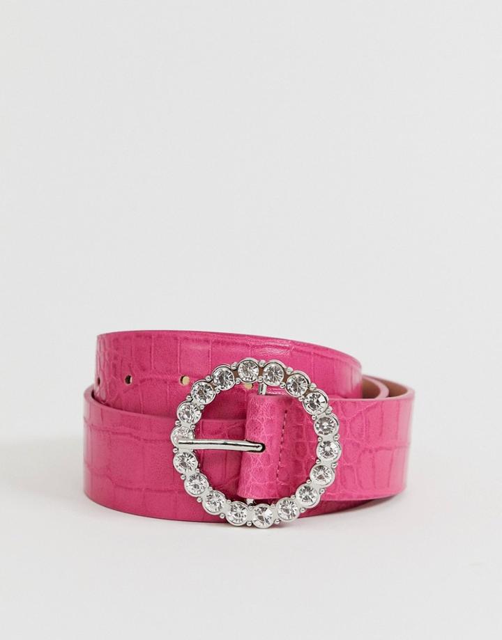 Asos Design Circle Rhinestone Waist And Hip Belt In Pink Croc