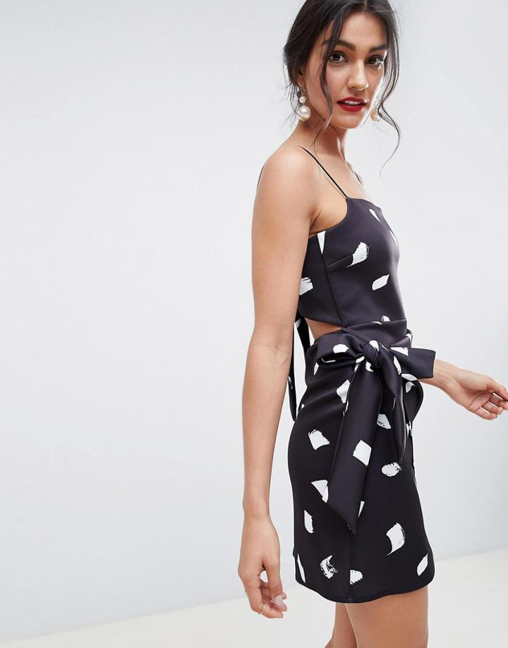 Asos Design Wrap Front Bow Scuba Mini Dress In Mono Print - Multi