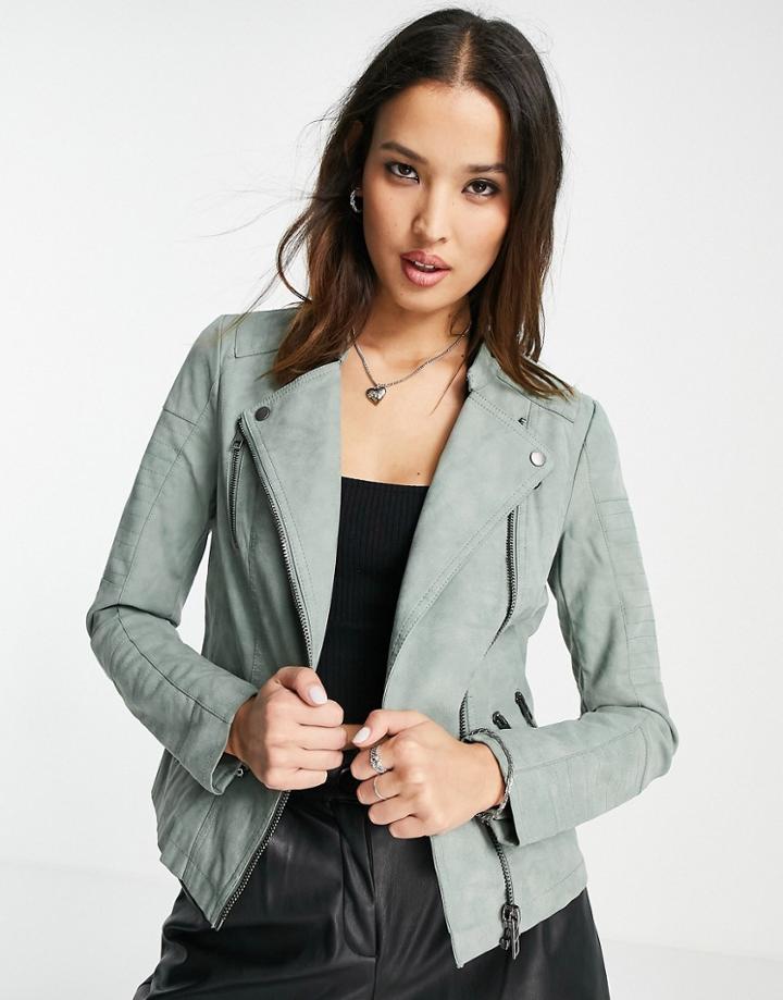 Only Ava Faux Leather Biker Jacket In Chinois Green