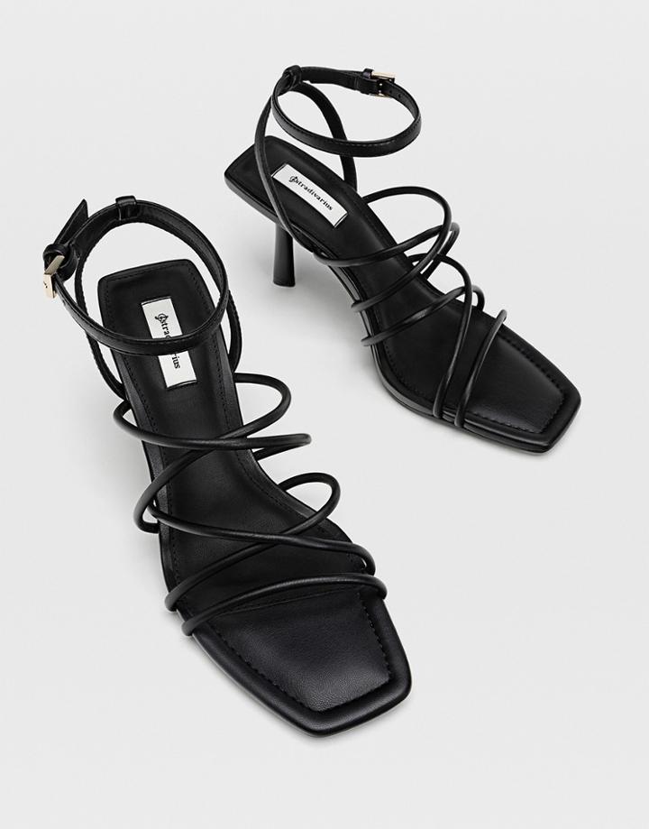 Stradivarius Strappy Heeled Sandal With Square Toe In Black